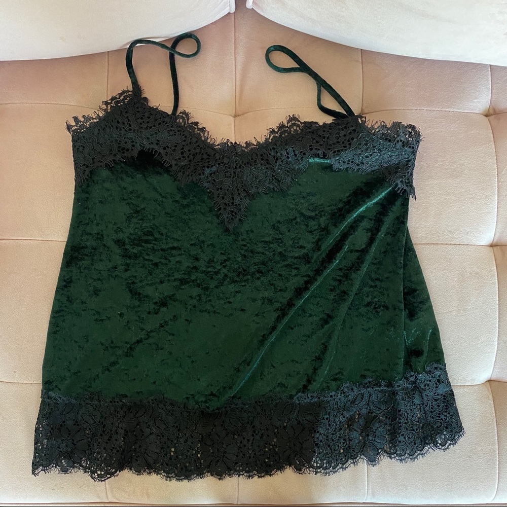 Green velvet & black lace cami top